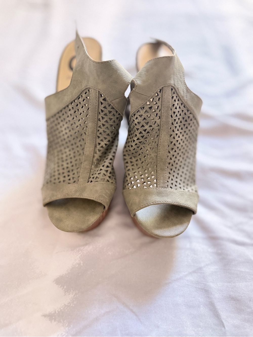 G by Guess Taupe Perforated Open-Toe Slingback Heels